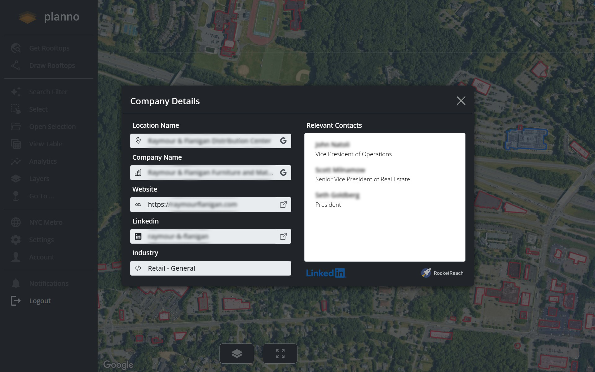 Planno company details panel showing blurred owner data and verified executive contacts including VP of Operations and President