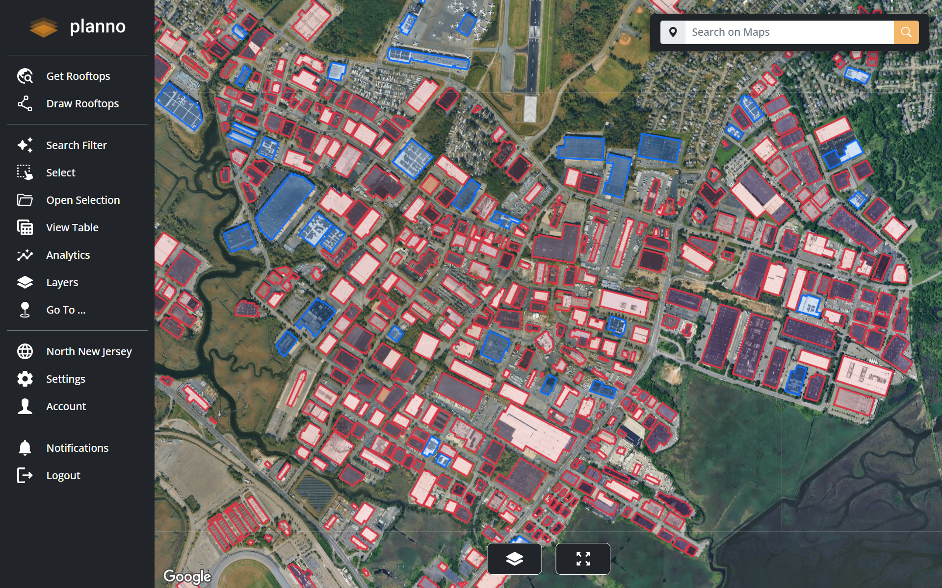Planno map view with rooftop polygons over an industrial zone