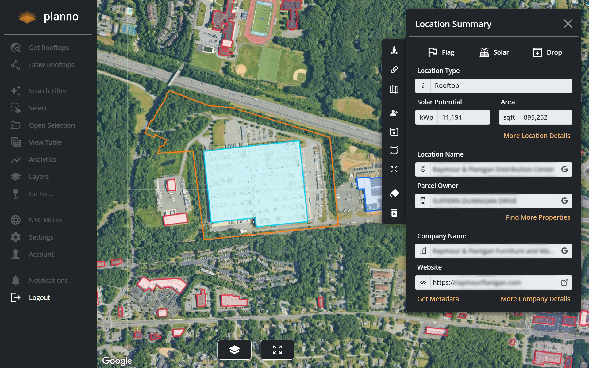 Planno map view with detected rooftop selected, showing 11,191 kWp solar potential and location summary panel