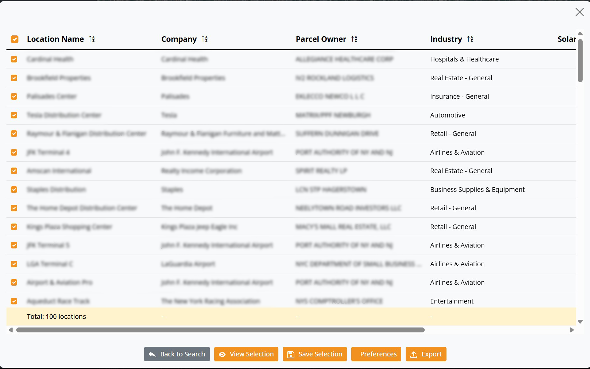 Planno table view listing qualified rooftops with sortable columns