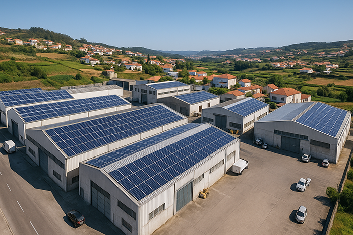 Aerial view of industrial rooftops in Portugal equipped with solar panels, surrounded by green hills and traditional Portuguese houses.