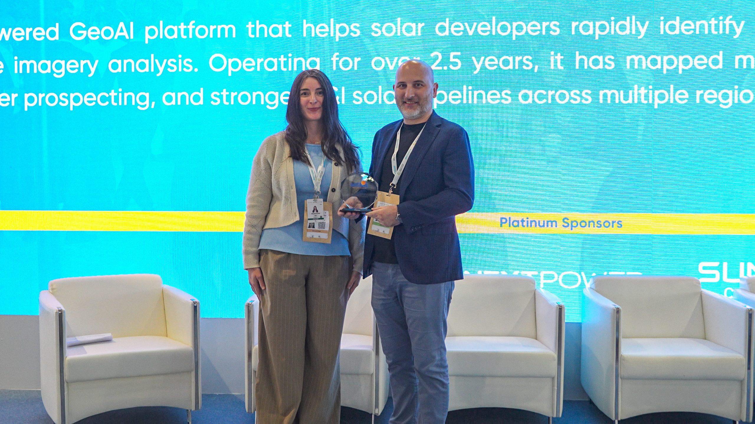 Daniel Domingues receiving Startup of the Year award for Planno at MESIA Solar Awards 2026