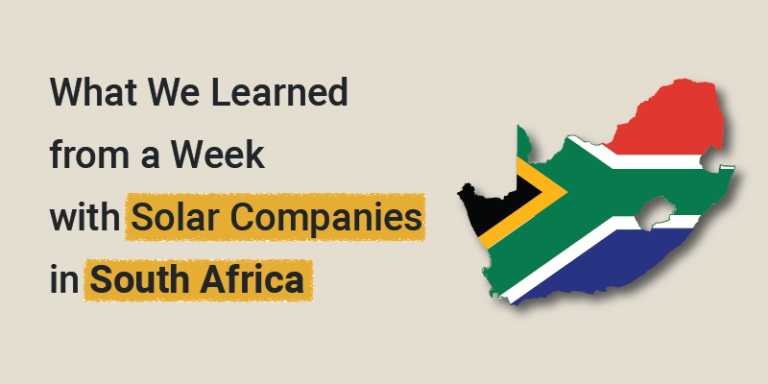 Featured image for article on South Africa solar market insights, showing the South Africa map with national flag colors and the headline "What We Learned from a Week with Solar Companies in South Africa".
